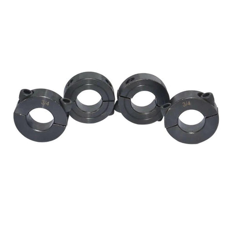 Double Split Shaft Collar 1" Bore Width 1/2 Inch Oxide Set Style Black (4 Pcs) in a row, showcasing carbon steel material.