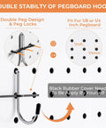 Double pegboard hook system with rubber cover, fits 1/8 or 1/4 inch pegboard for stable hanging, shown with installation detail.