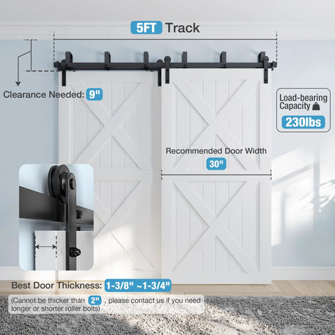 Double Track Bypass Sliding Barn Door Hardware Kit For Two Doors Low Ceiling Friendly Easy Install I Shape Hanger 5Ft Rail in black