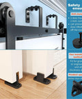 Close-up of Double Track Bypass Sliding Barn Door Hardware Kit with anti-jumper and two installation methods.