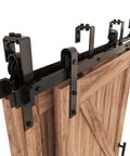 Side view of Double Track Bypass Sliding Barn Door Hardware Kit for Two Doors, featuring carbon steel J shape hanger on wood door.