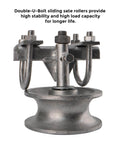 5" Pipe Track Wheel Galvanized with Double U-Bolt for 1 7/8" or 1 5/8" Chain Link Fence Gate Frame, showing stability and durability.