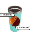 Double Wall Vacuum Insulated Travel Tumbler 20 Oz Keeps Drinks Hot Or Cold For Hours in aqua with temperature icons