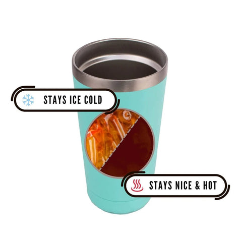 Double Wall Vacuum Insulated Travel Tumbler 20 Oz Keeps Drinks Hot Or Cold For Hours in aqua with temperature icons