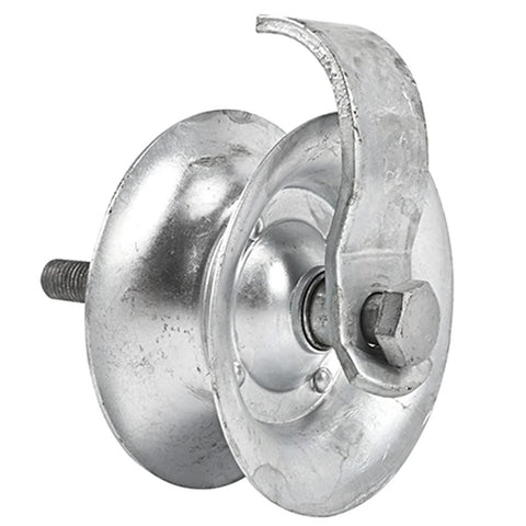 Close-up of a 5 Inch Pipe Track Roller from Rolling Gate Hardware Kit for Chain Link Sliding Gates Includes 6 Inch Double Wheel Carrier