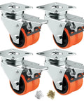 Two Wheel Casters Set Of Four Heavy Duty 2 Inch Orange TPE With Brake Double Wheel Swivel Plate Locking Castor Wheels For Furniture And Equipment