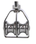 Close-up of M25 Stainless Steel Pulley Single/Double Wheel Swivel Lifting Rope Pulley Set with two wheels, front view.