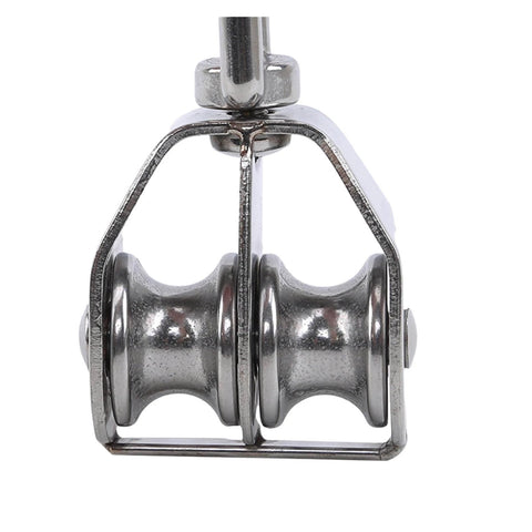 Close-up of M25 Stainless Steel Pulley Single/Double Wheel Swivel Lifting Rope Pulley Set with two wheels, front view.