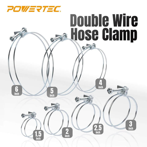 Set of adjustable double wire hose clamps in various sizes for pool, spa, and pipe connections, zinc-coated steel.