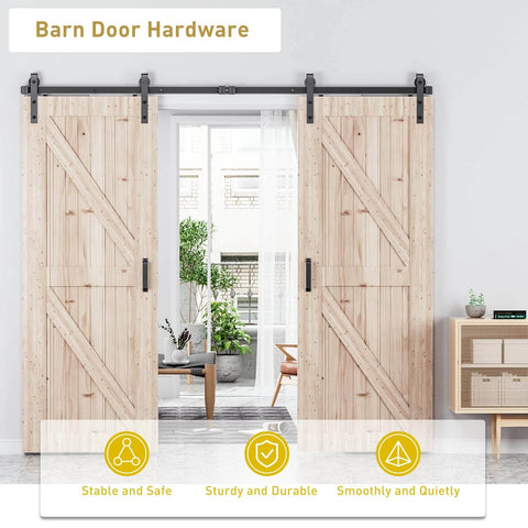 8 FT Double Sliding Barn Door Hardware Track Kit for Wood Slab Doors with J Shape Hanger mounted, view in home interior