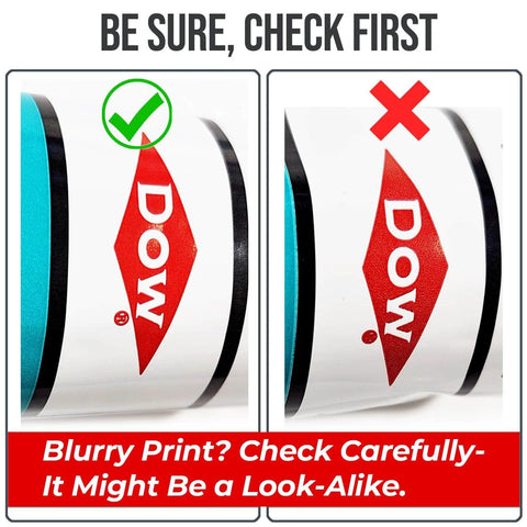 Comparison of two Dow logos; left logo is clear with a green check, right logo is blurry with a red cross, indicating look-alike caution.