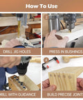 Steps for using Extra Deep Three Eighths Inch Drill Bushings Hardened Steel Guide Sleeves for Doweling Jigs in woodworking projects.