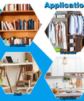 Application collage showing four furniture pieces: bookshelf, wardrobe, desk, and cupboard on a blue background