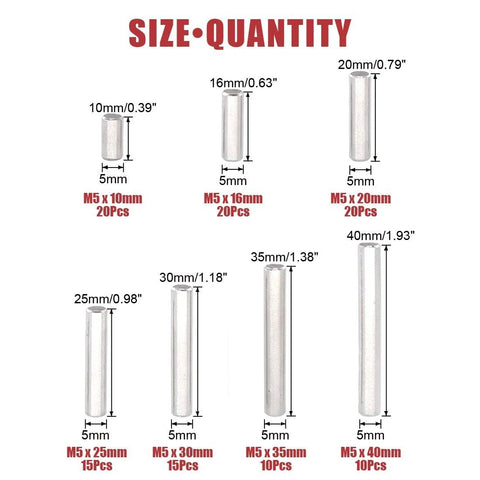 Pro Grade Stainless Steel Dowel Pin Shelf Support Kit 110 Piece Assortment with size chart from 5mm x 10mm to 5mm x 40mm.