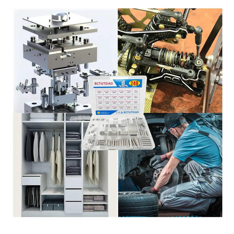 Dowel Pin Kit With 240 Pieces For Shelves And Furniture, 24 Sizes M2 M3 M4 M5 M6, 304 stainless steel pins displayed in various settings.