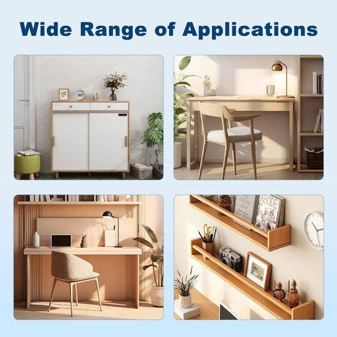 Juvielich dowel pin kit, 200pcs, stainless steel shelf supports; collage showing cabinets, a desk, and wall shelves.