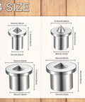 Four sizes of dowel and tenon center transfer plugs on wood surface; dimensions shown for precise woodworking joinery and quick hole alignment.