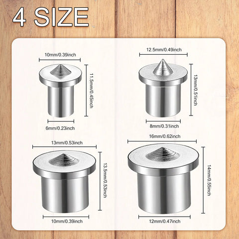 Four sizes of dowel and tenon center transfer plugs on wood surface; dimensions shown for precise woodworking joinery and quick hole alignment.