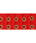 Carbide Round Milling Insert DP5320 For Steel Machining 10 Pack SRDPN Tool Holder Compatible in red plastic case, top view.
