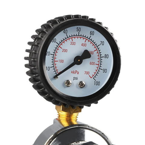 Close-up of dual gauge nitrogen regulator for keg systems showing pressure in psi and kPa for precise gas control.