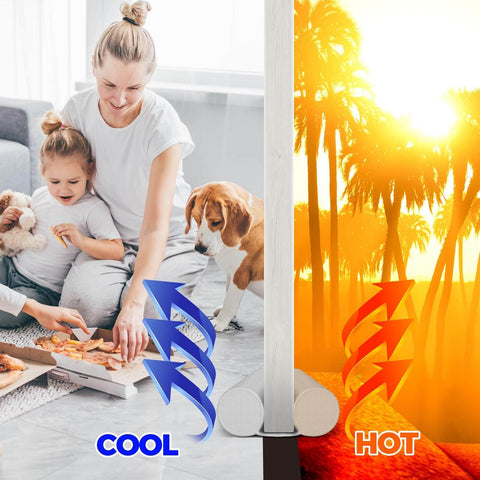 Door Draft Stopper And Sweep No Fuss Adjustable Fit Weather Stripping And Noise Blocker in home setting with temperature arrows