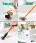 Three Pack Drain Snake Hair Clog Remover For Shower And Sink, 20 Inch Flexible Unclogger Tool in use removing debris from drain