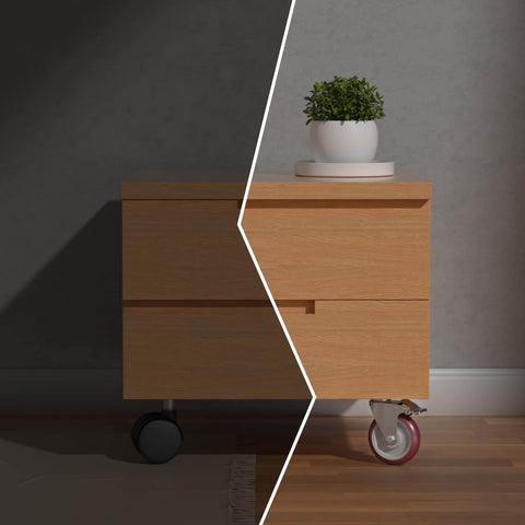 Set of 8 heavy duty 5 inch locking swivel caster wheels with double ball bearing on a stylish wood cabinet.