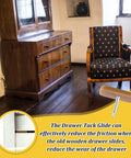 Vintage wooden dresser and chair with 30 Pieces Tack-In Drawer Glides For Dresser Repair, Durable Hard Plastic Cushions visible.