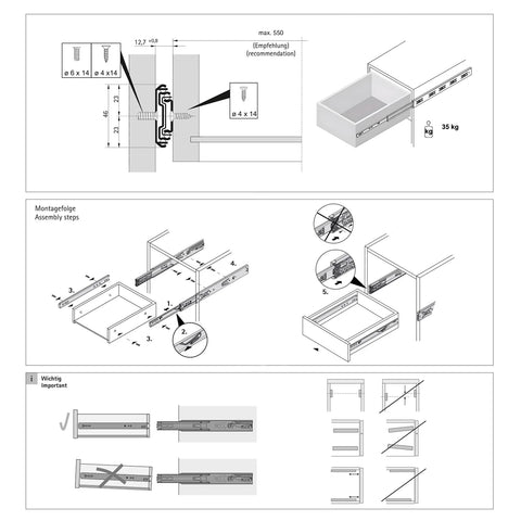 Installation diagram for 300 mm full extension ball bearing drawer runners with automatic soft closing mechanism and 35 kg load capacity.