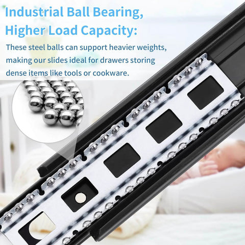 Close-up of Drawer Slides 1 Pair Full Extension 10 12 14 16 18 20 22 24 inch Side Mount Rails with ball bearings.