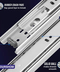 Close-up of 12 Inch Full Extension Drawer Slides With Ball Bearing For Heavy Duty Side Mount Rails showing rubber crash pads and solid ball bearings.