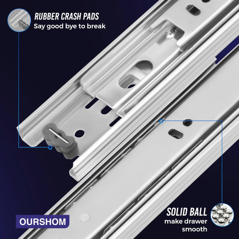 Close-up of 12 Inch Full Extension Drawer Slides With Ball Bearing For Heavy Duty Side Mount Rails showing rubber crash pads and solid ball bearings.