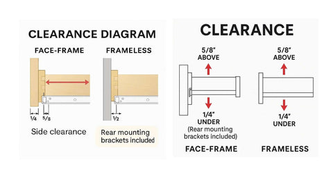 Clearance diagram for 22 Inch Euro Drawer Slides Pack of 8 for Face Frame and Frameless Cabinets installation.