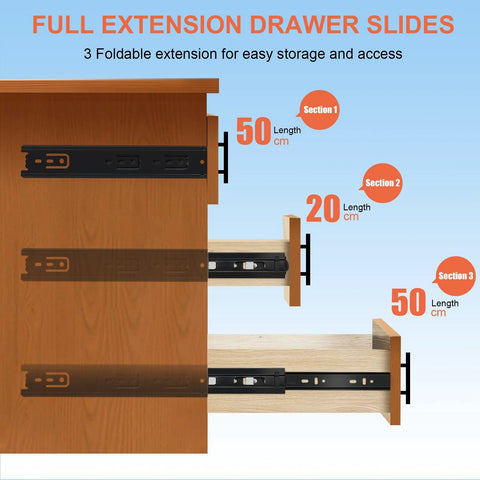Illustration of 12 Inch Full Extension Drawer Slides Set, showing 3 fold sections, side mount rails on wooden drawers