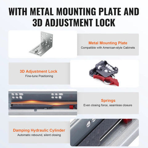 Image showing features of 10 Pairs 15 18 21 Inch Soft Close Bottom Mount Drawer Slides including metal mounting plate, 3D lock, and hydraulic cylinder.