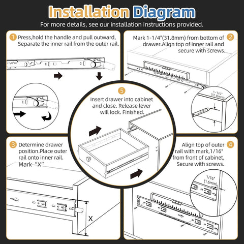 Installation diagram for 1 Pair Heavy Duty Drawer Slides [165 LB Capacity] with Lock Side Mount 16 Inch, step-by-step guide.