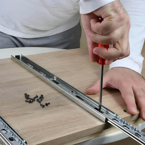 Installing drawer slide on wood with Fixlink Wood Screws Size 6 Half Inch Flat Head Phillips Self Tapping Carbon Steel Black