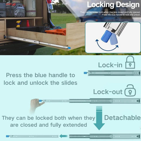 Locking mechanism of 1 Pair Heavy Duty Drawer Slides with Lock 12in 16in 20in 24in 28in 32in 36in 40in 44in 48in 250lb Load Capacity Full Extension Side Mount Ball Bearing Drawer Rails(10''/250mm)