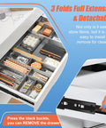 12 Inch Full Extension Drawer Slides Set, 4 Pairs, installed with drawer open showing organized compartments in a kitchen cabinet.