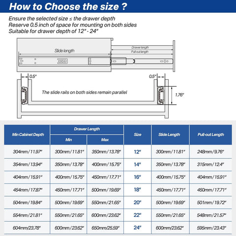 Size chart for 6 Pairs Soft Close Drawer Slides 20 Inch, Full Extension Heavy Duty Ball Bearing Cabinet Rails, installation guide