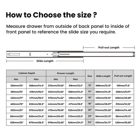 Size guide for Center Mount Drawer Slides Bottom Mount for Cabinet and Dresser 14 Inch Heavy Duty Drawer Rails 9.74" Extension Glide Track