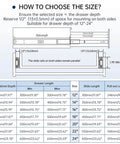Diagram of size selection guide for Soft Close Heavy Duty Drawer Slides 22 Inch, showing dimensions and installation tips.