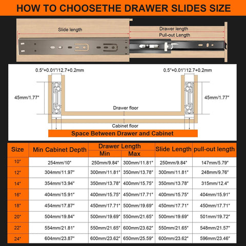 Diagram showing how to choose the drawer slide size with measurements for 18 inch Drawer Slides 6 Pairs (12pcs) Soft Close 3 fold Full Extension Side Mount Cabinet Drawer Glides 18" Black Cabinet Rails for Dresser, Cabinet, Kitchen 100 LB Capacity
