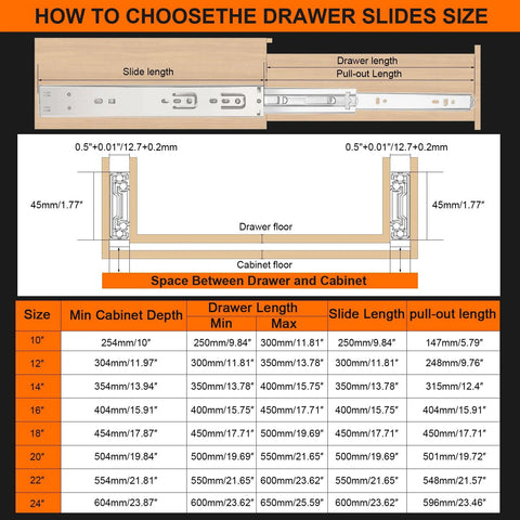 Diagram showing how to choose drawer slides size with measurements for 20 Inch Soft Close Drawer Slides Set Six Pairs With Full Extension Ball Bearing Glides