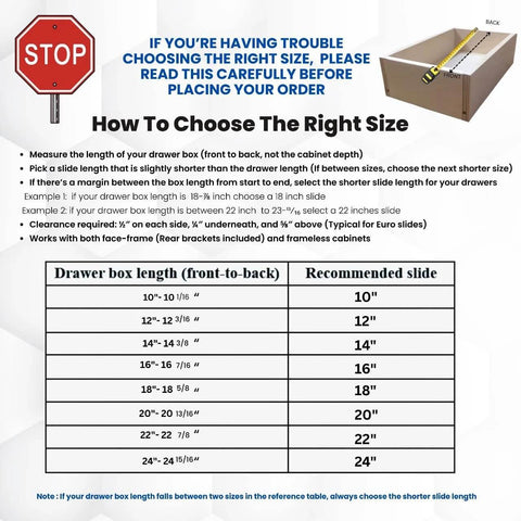 Measurement guide for choosing 22 Inch Euro Drawer Slides Pack of 8 for Face Frame and Frameless Cabinets, 75 Lb Capacity