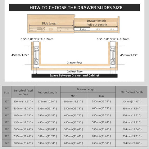 Diagram showing how to choose drawer slide size, featuring dimensions for 14 Inch Soft Close Drawer Slides With Ball Bearing Full Extension, Side Mount.