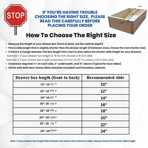 Guideline chart for selecting 22 Inch Euro Cabinet Slides Pack Of 2 For Face Frame And Frameless Cabinets With 75lbs Capacity.
