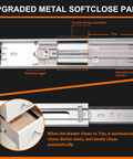 Close-up of 20 Inch Soft Close Drawer Slides Set Six Pairs With Full Extension Ball Bearing Glides Side Mount showing upgraded metal part.