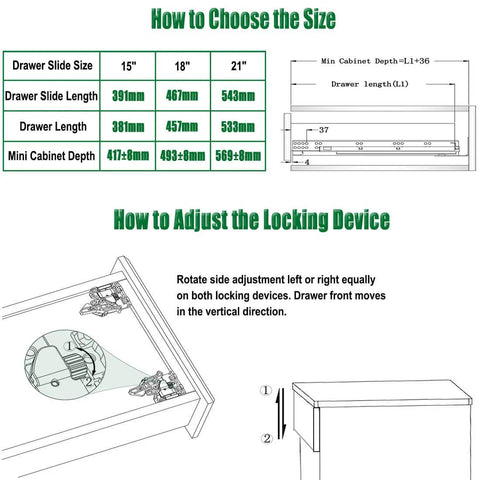 Diagram showing size options and adjustment instructions for 21 Inch Undermount Drawer Slides Full Extension Soft Close Concealed Runners.