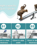 Elephants on heavy duty drawer slides demonstrating 120 lb capacity with measurements for steel thickness, slide width, and slide thickness.
